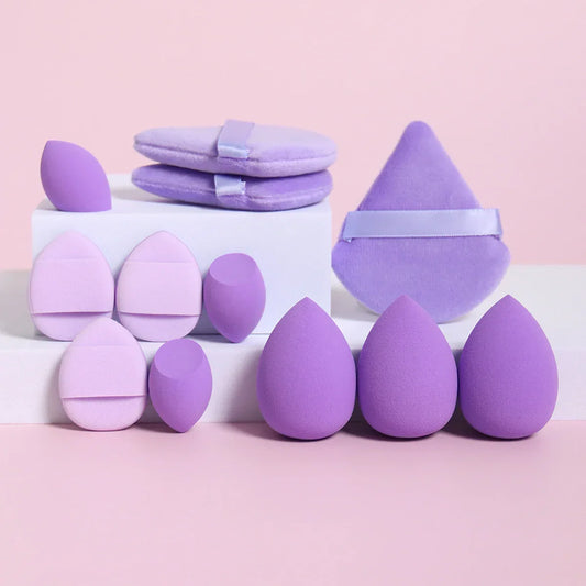 12PC Makeup Sponge Set with diverse shapes and sizes, ideal for foundation and powder application.