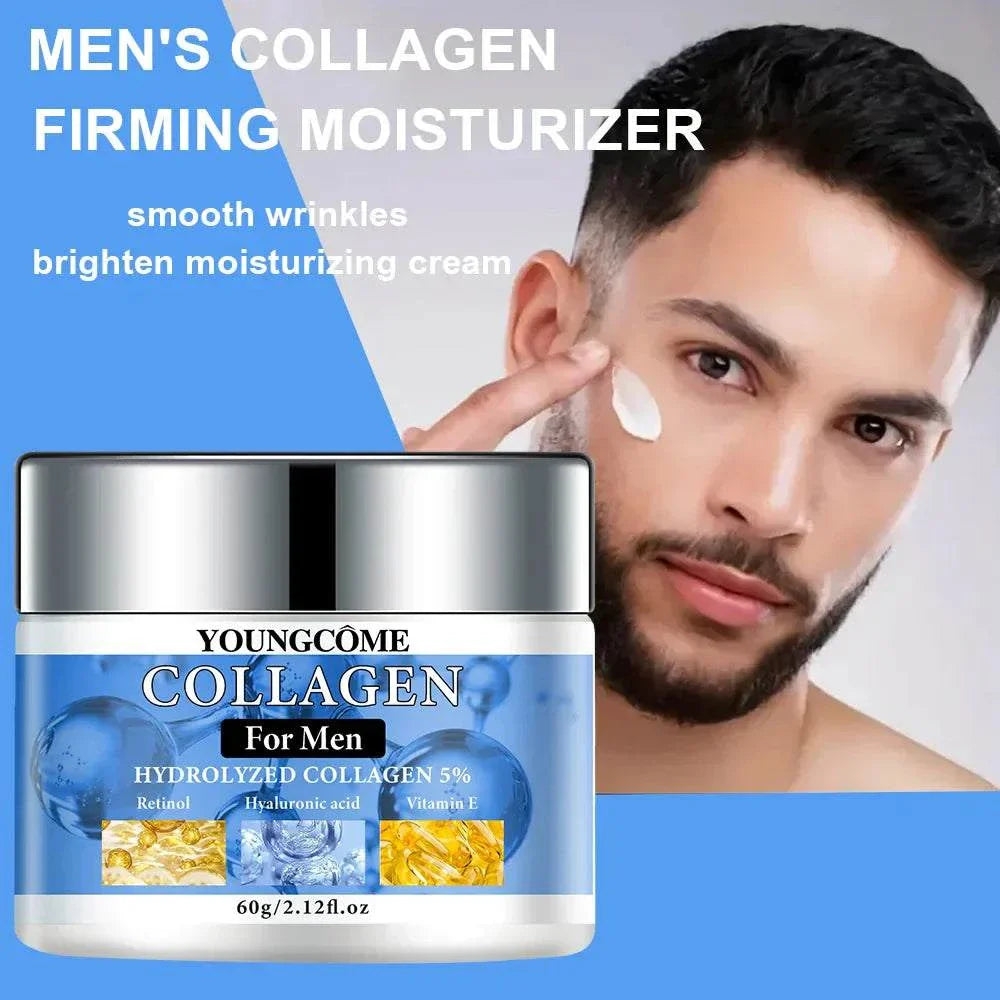 Collagen firming and moisturizing cream for men with retinol, vitamin E, and hyaluronic acid for smooth, brightened skin.