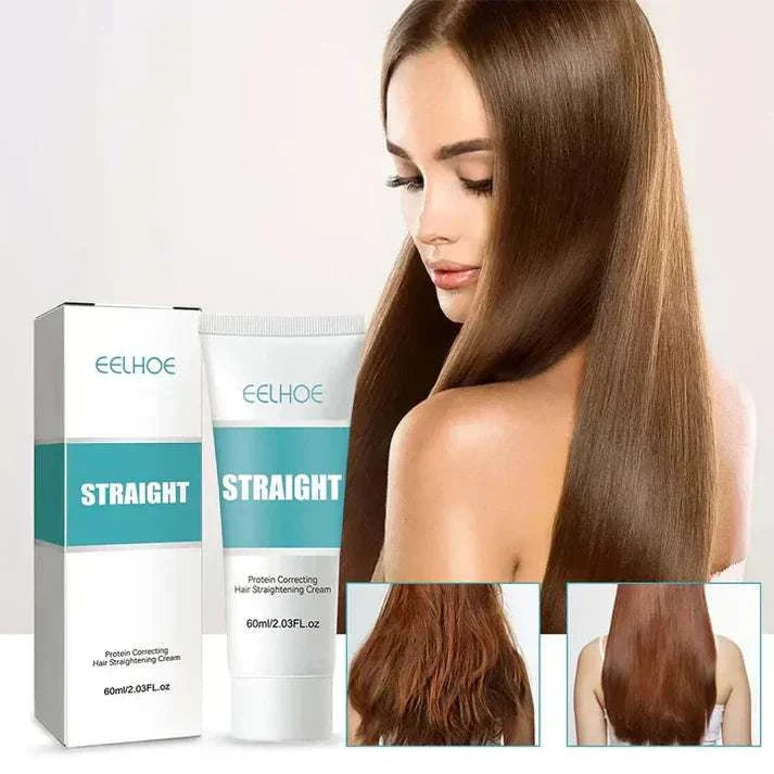 Silk & Gloss Hair Straightening Cream with sleek, straight hair model and product packaging.