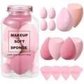 12/14 Piece Makeup Sponge Set with storage bottle, various pink cosmetic sponges on a light pink background.