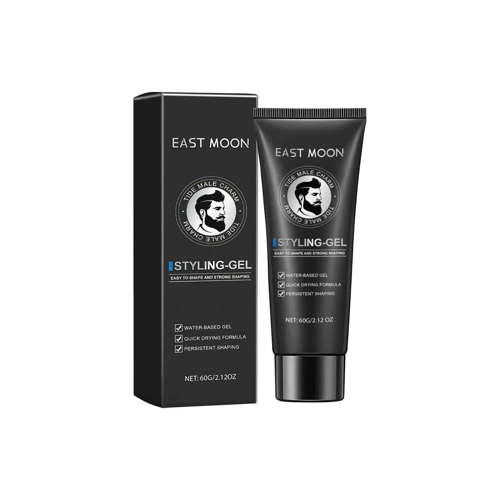 Men Hair Styling Gel tube and box with model, strong hold, long-lasting styling.