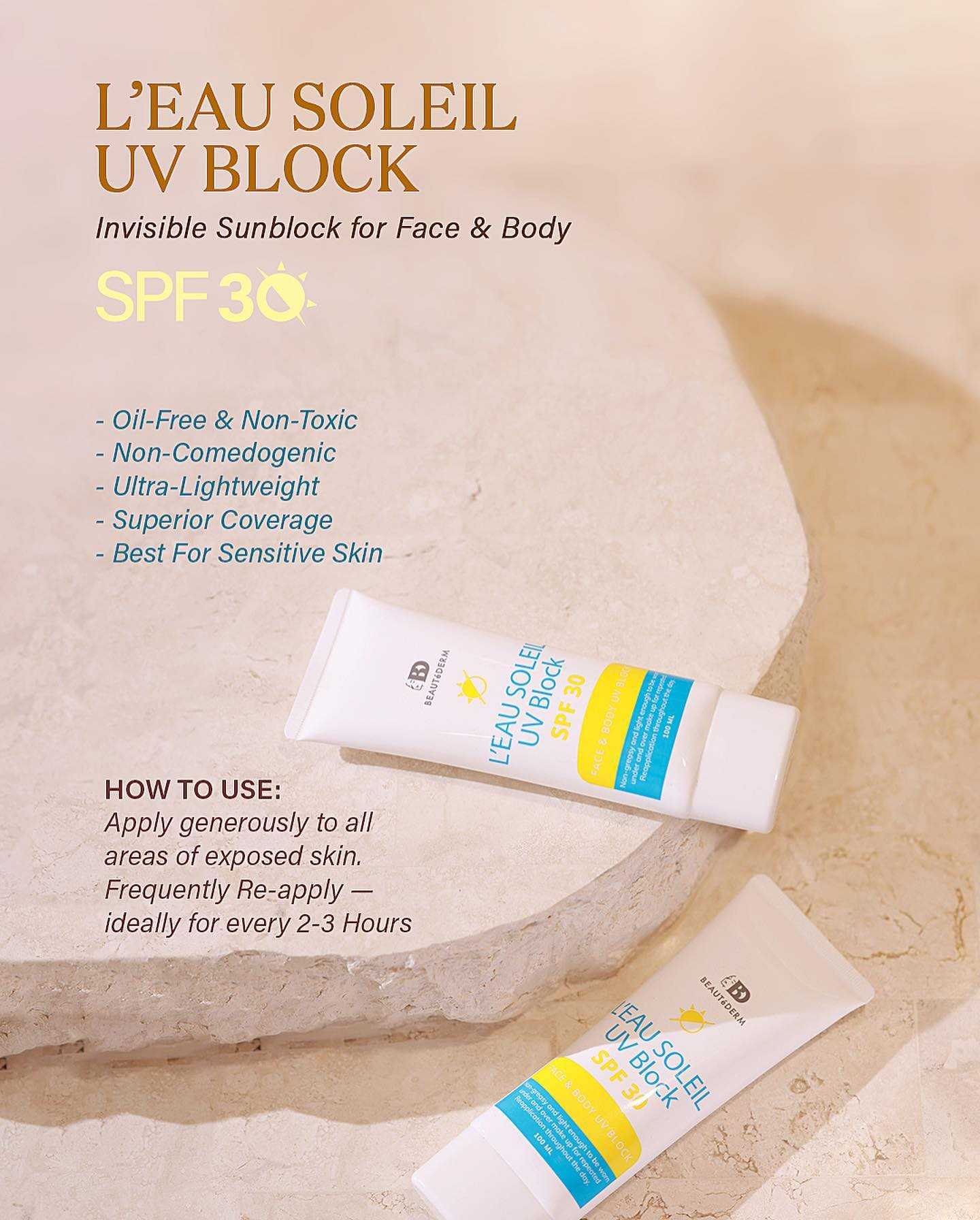 L'eau Soleil UV Block Lotion (SPF 30) Face and Body Sunblock 100ml - vividbella