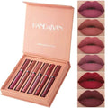 6-color liquid lipstick set with smooth, velvety texture in a luxury box.