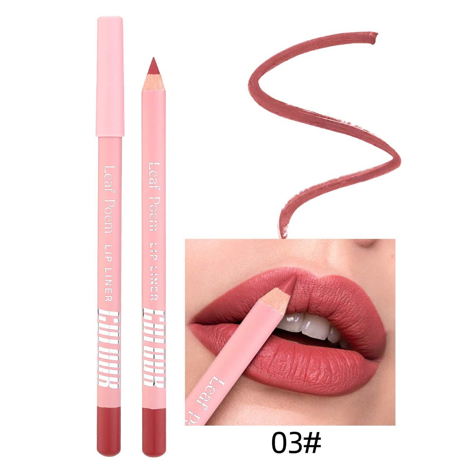 03# matte lip liner with swatch and application on lips.