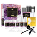 Eyelash and brow lift and tint kit with lotions, silicone pads, brushes, and tools in a colorful box.