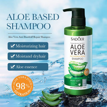 Aloe Anti-dandruff Repair Shampoo bottle with moisturizing properties, enriched with aloe essence, outdoors near water.