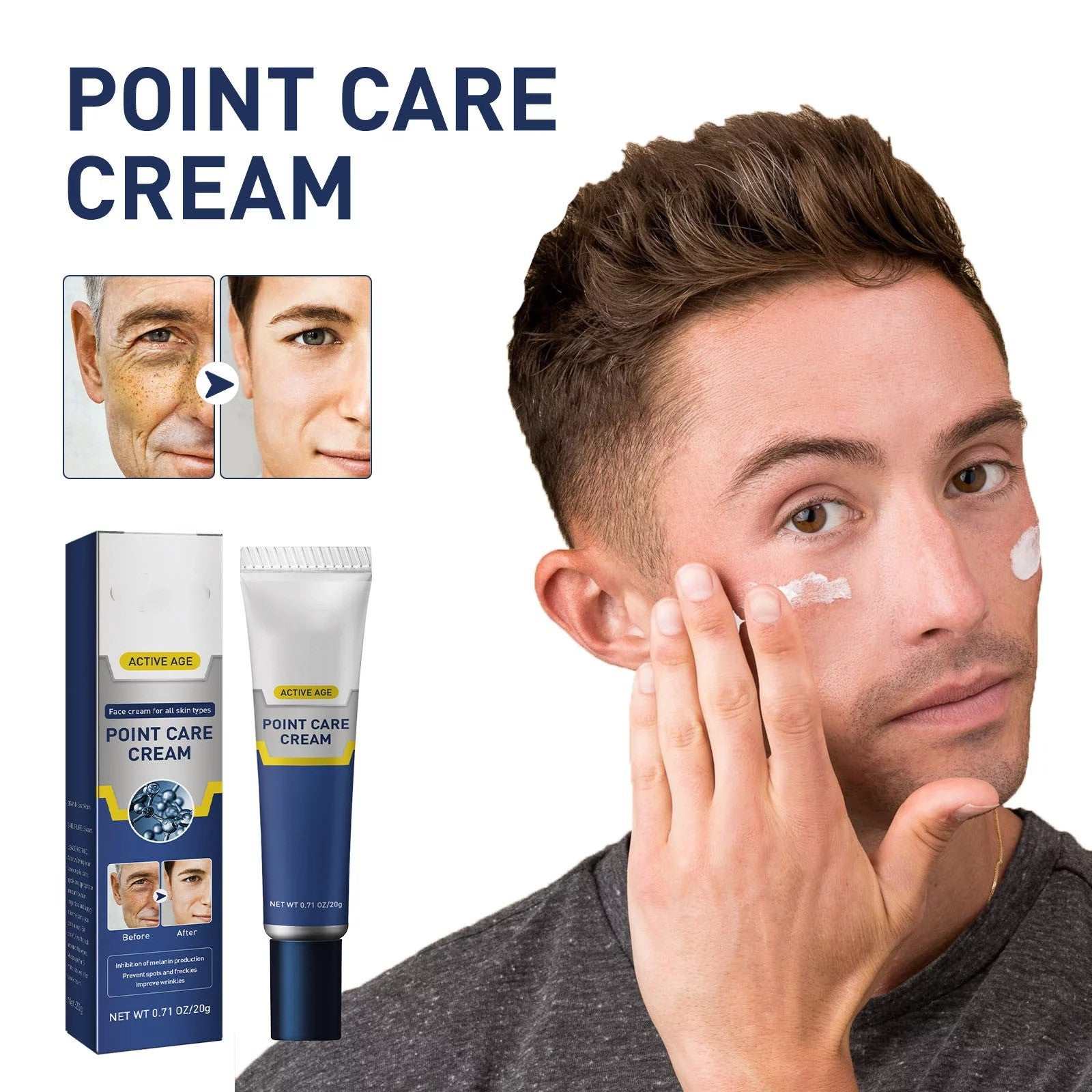 Men's anti-aging face cream for wrinkles and spot reduction, 20g tube.