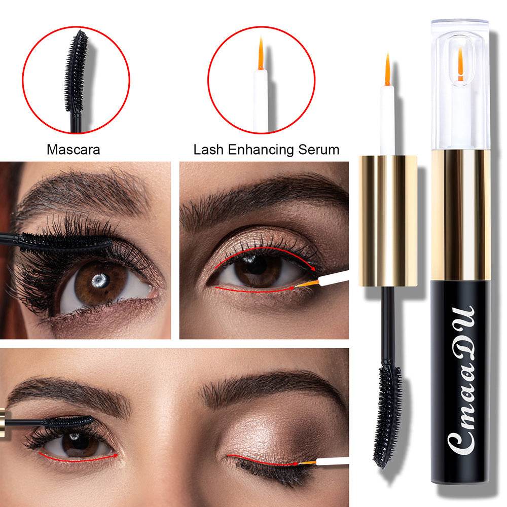 Eyelash growing liquid and mascara application kit, includes lash enhancing serum and black mascara.