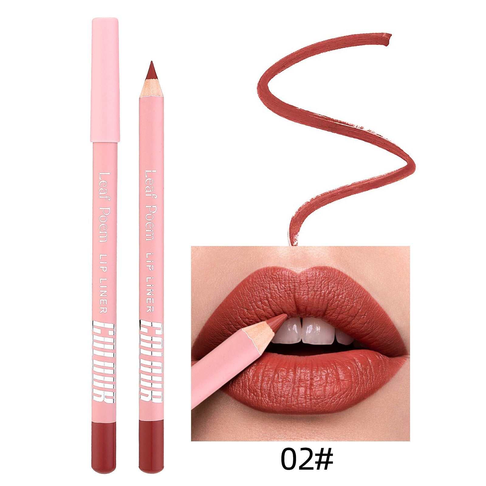 02# single matte lip liner with swatch and lip application.