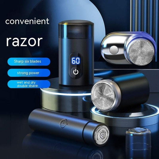 Electric shaver with mini USB charging, rechargeable with LED display, blue and black design, convenient razor.