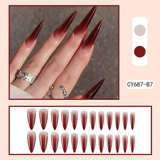 Foreign Trade Hot Selling Wearable Nail Sticker Elegant White Drop Shape Wine Red Gradient Fake Nail Patch Nails - vividbella