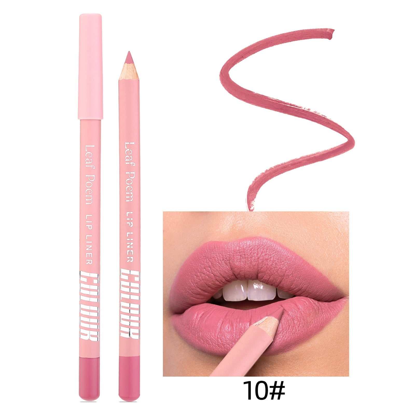 10# Matte Lipstick Lip Liner in pink shade with swatch and application on lips.