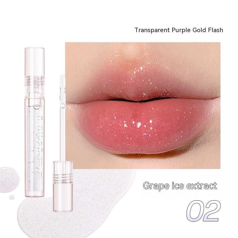 Transparent lip gloss with moisturizing effect, Uiss Star Frozen Crushed Ice Lip Oil, in Grape Ice Extract color, enhances natural complexion.