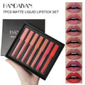 Liquid Lipstick set with 7 matte shades displayed in a box, showcasing smooth, velvety, and waterproof lip colors.