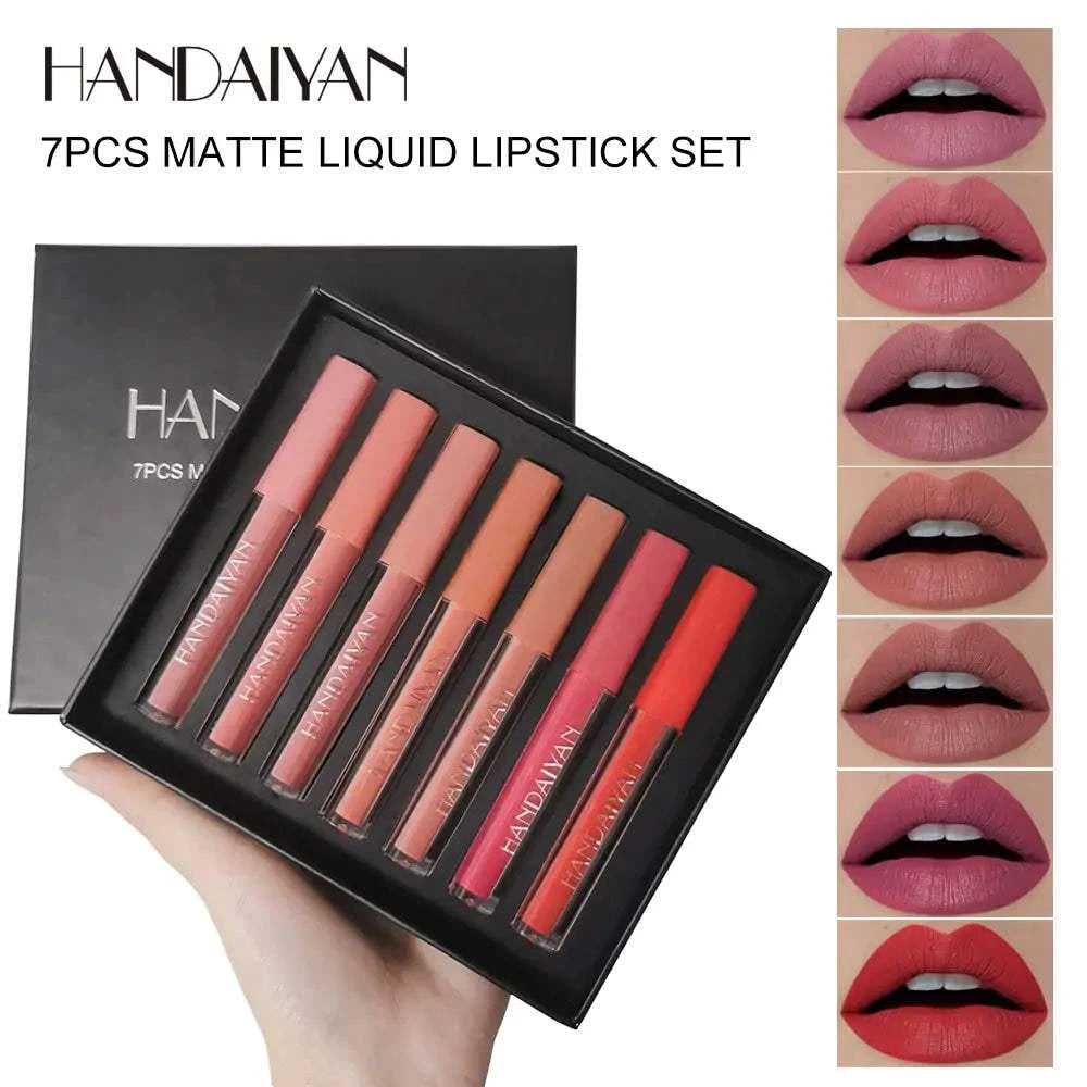 Liquid Lipstick set with 7 matte shades displayed in a box, showcasing smooth, velvety, and waterproof lip colors.